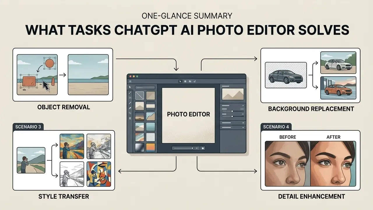 Infographic showing how the ChatGPT AI photo editor performs object removal, background swaps, and style changes