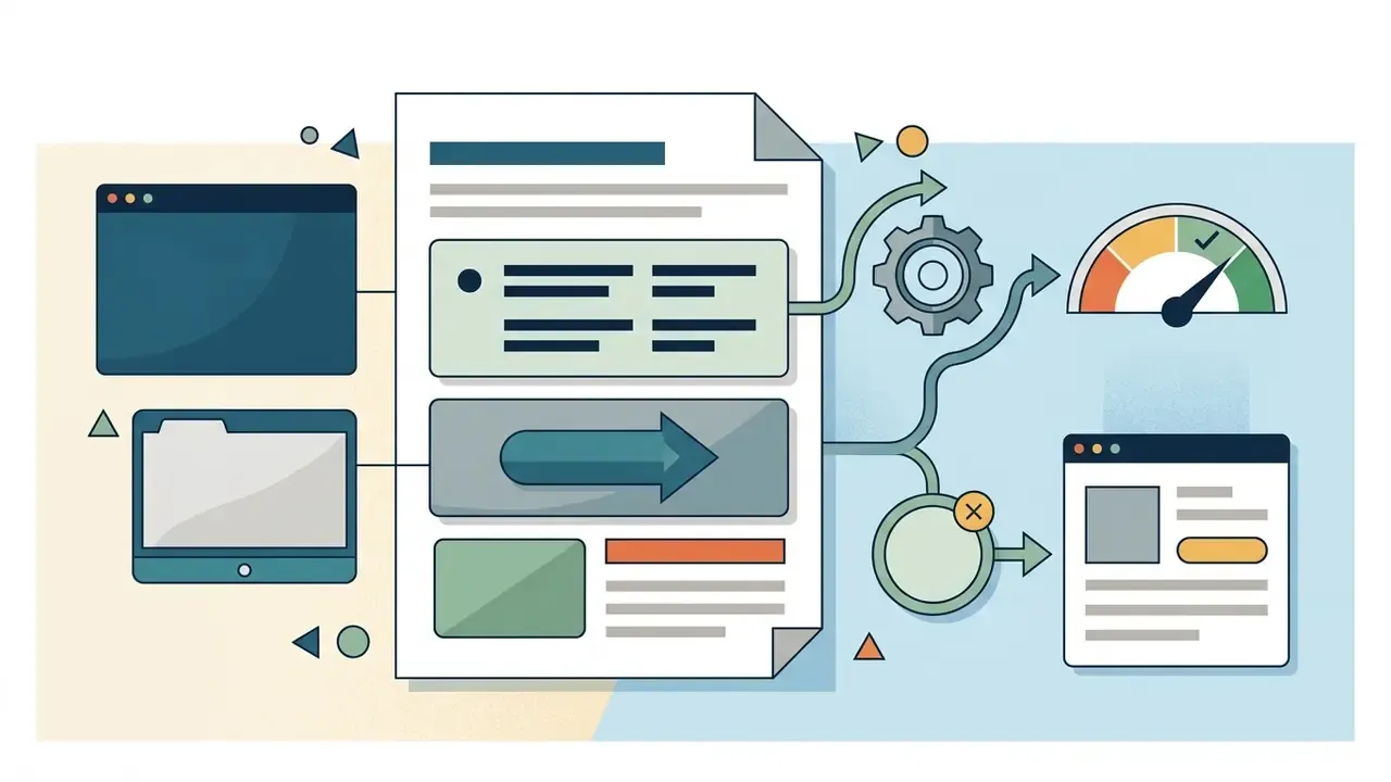 Document content flowing through gears and a status gauge to populate a digital newsletter template
