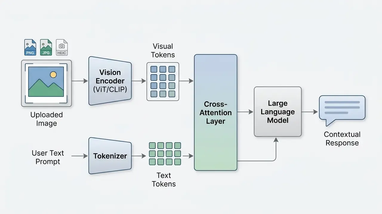Diagram showing how image and text inputs are processed through encoders into a model for a chat response