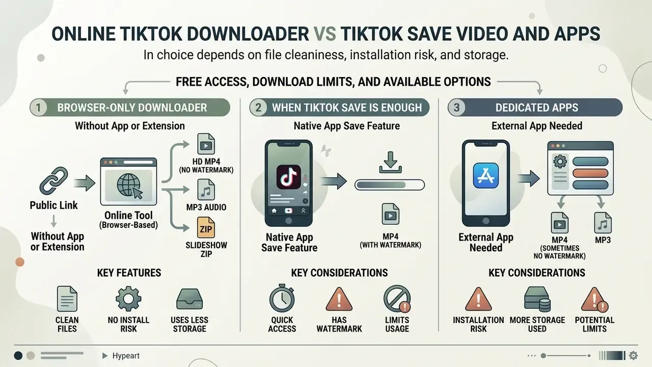 Infographic comparing browser-based downloaders, native TikTok save features, and dedicated mobile apps