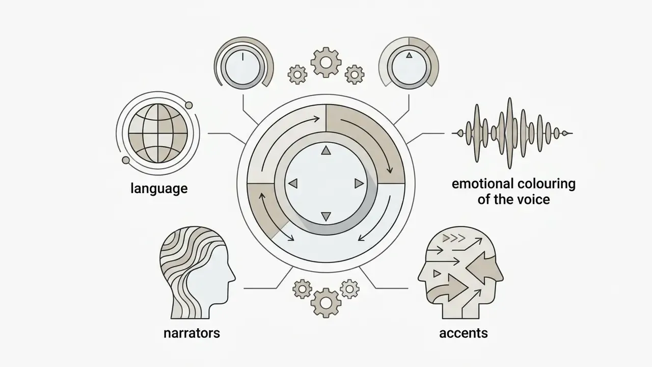 Icons representing voiceover settings like language, narrators, accents, and emotional voice colouring