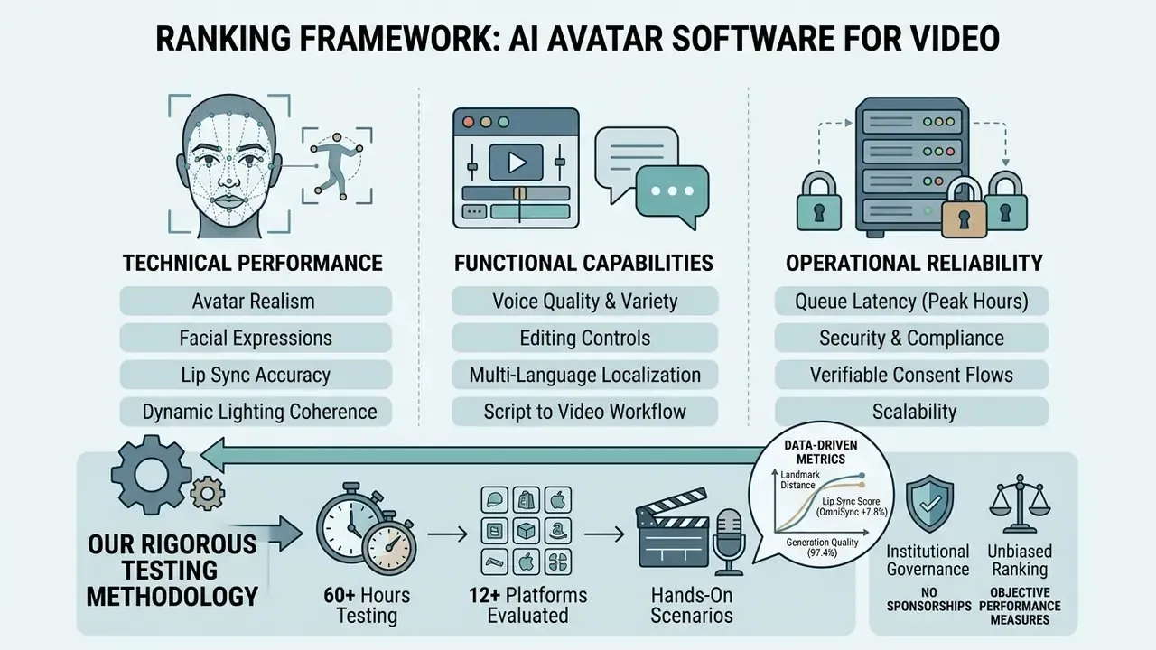 Infographic showing technical, functional, and operational criteria for evaluating AI avatar software