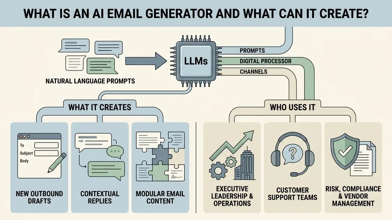 Flowchart showing how LLMs process prompts to generate email content for various professional teams