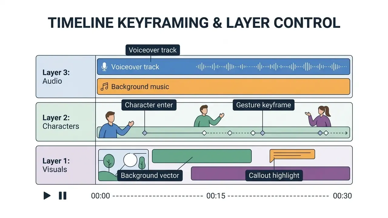 Timeline interface showing three stacked layers for audio, character animation, and visual elements
