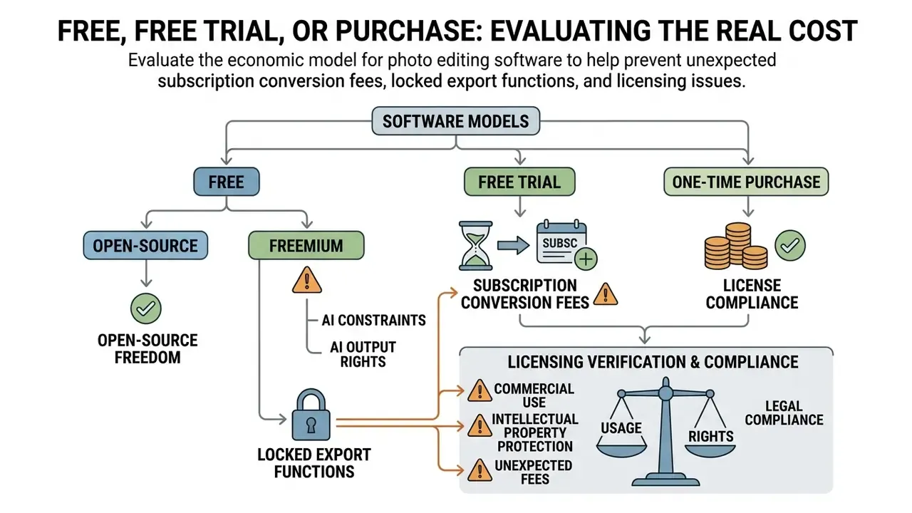 Flowchart categorizing software pricing models and their impact on licensing and export functions