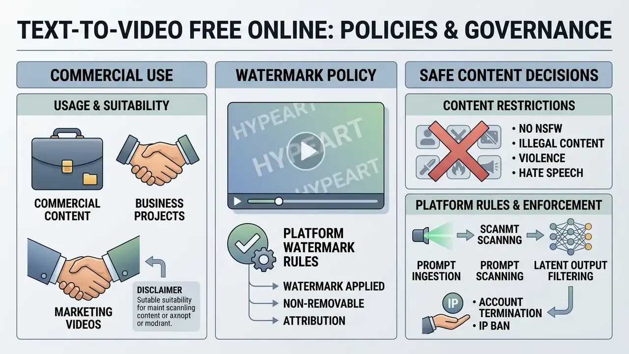 Summary of commercial use, watermark policies, and safety enforcement for text to video AI platforms