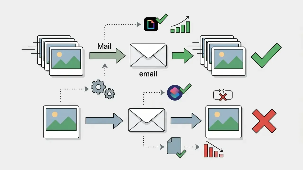Comparison of email methods showing successful animation transfer versus conversion to static images