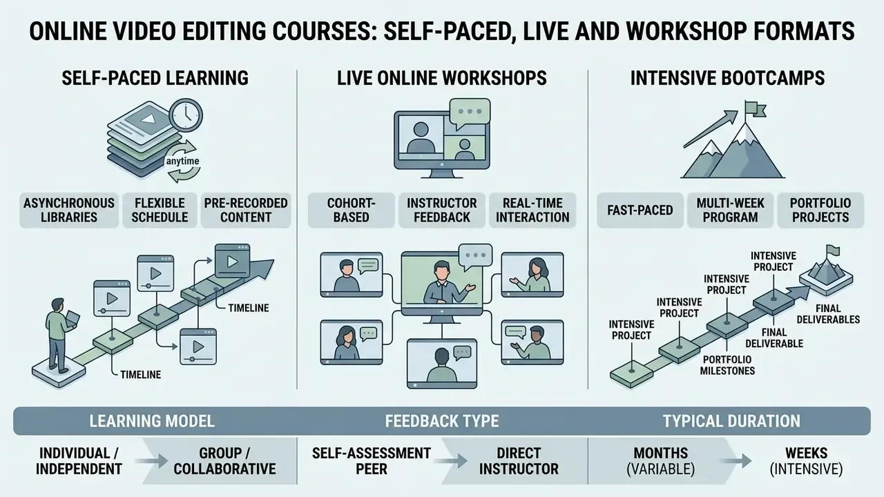 Infographic comparing self-paced, live workshop, and intensive bootcamp online video editing courses