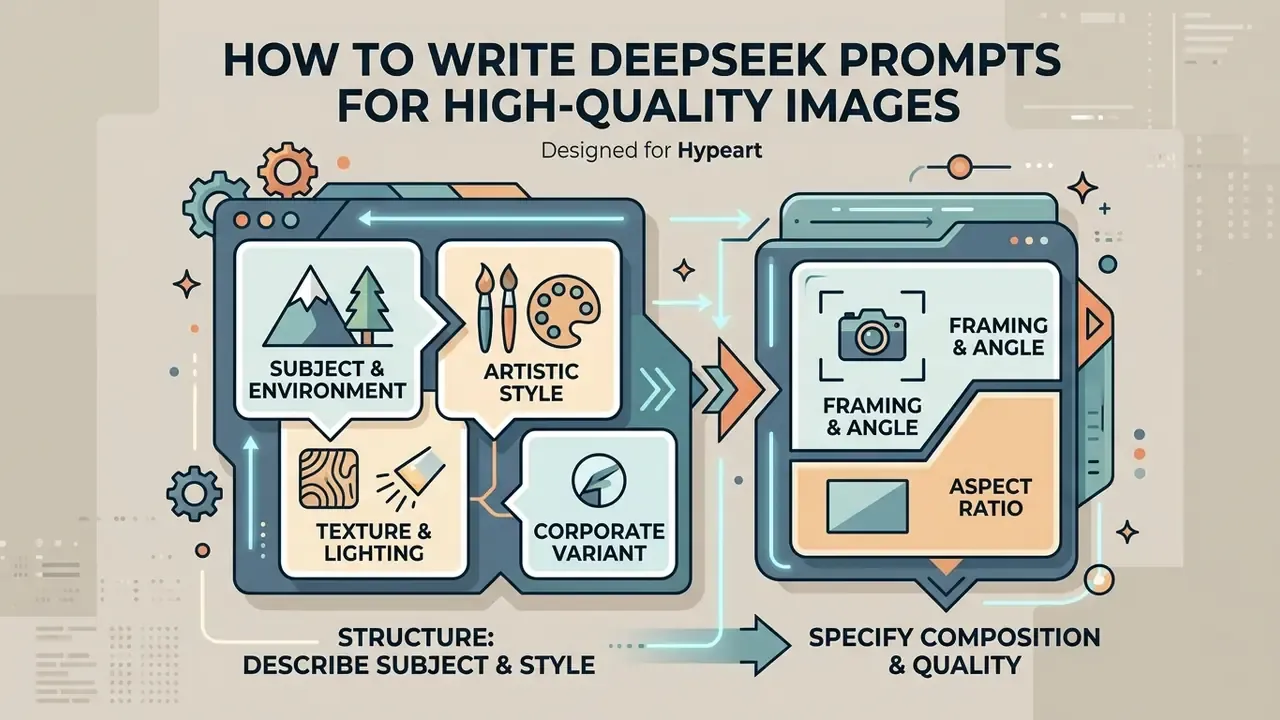 Infographic showing structured prompt elements like subject, style, lighting, framing, and aspect ratio