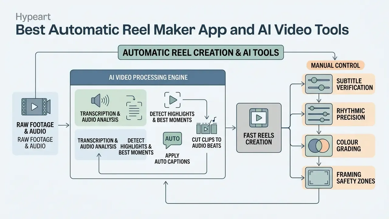 Process diagram showing how AI video engines automate reel creation alongside manual editing controls