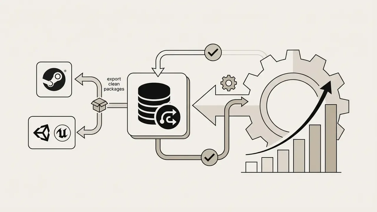 Data processing loop connecting a gear and growth chart to package exports for game engine platforms