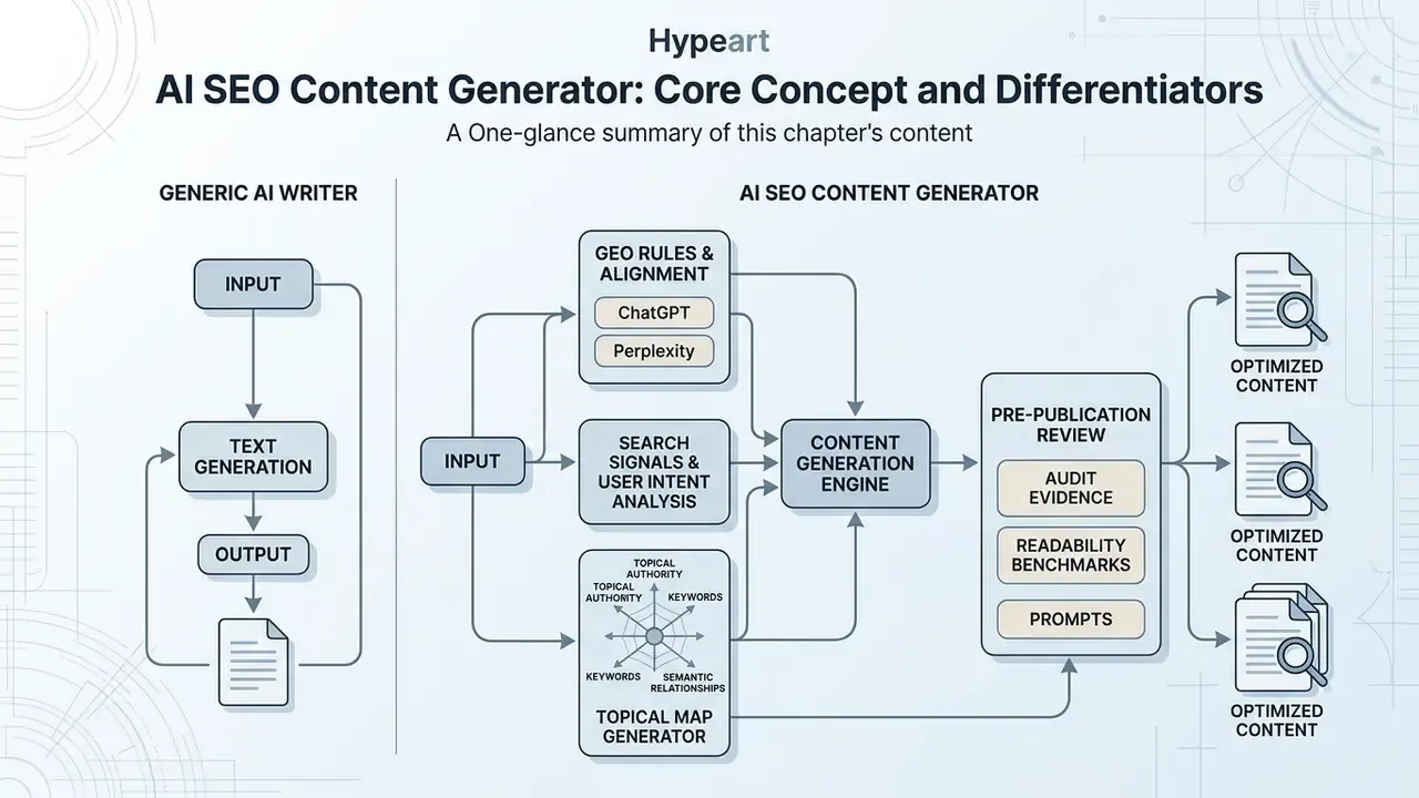 Flowchart comparing a generic AI writer process with an AI SEO content generator workflow