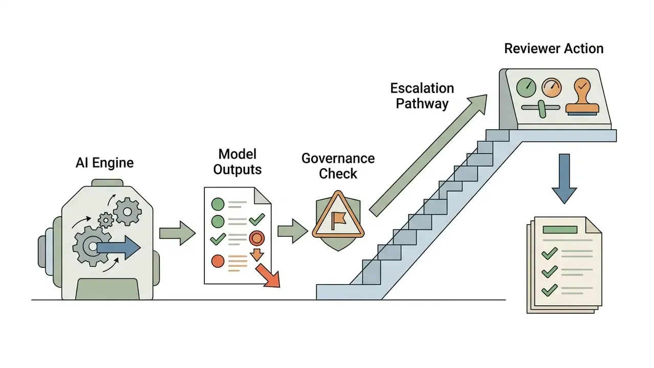 AI engine processing outputs through a governance check and escalation stairs to a final reviewer action