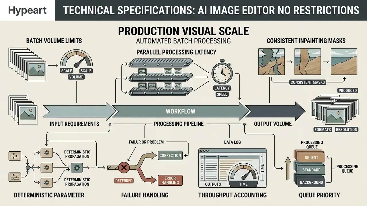 Diagram showing the automated batch processing pipeline for enterprise visual production workflows