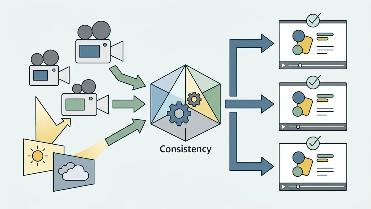 Multiple cameras and lighting sources feeding into a central processing hub to produce uniform video outputs