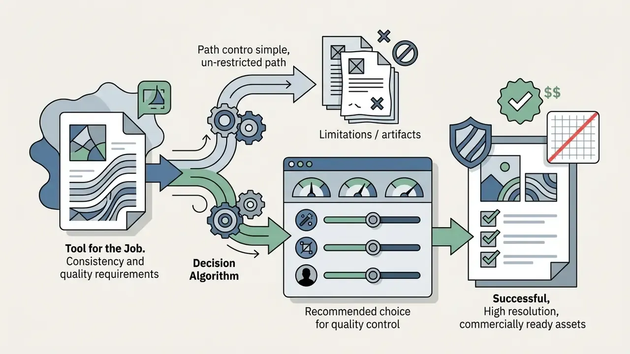 Visual path from initial asset requirements to either limited outputs or refined quality-controlled results