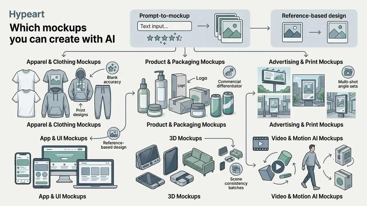 Diagram detailing various design categories including apparel, packaging, UI, 3D, and motion graphics