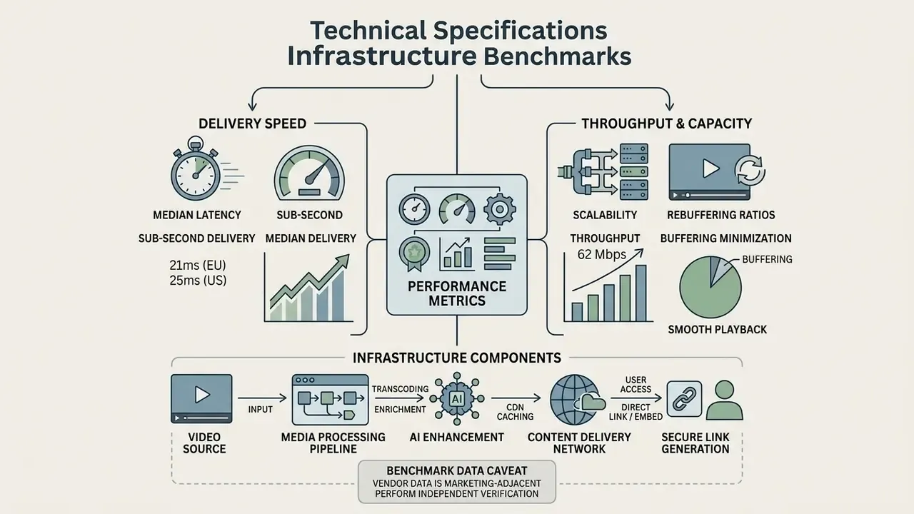 Diagram detailing performance metrics and infrastructure components for video link generator systems