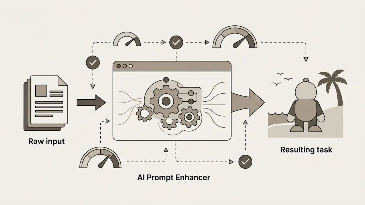 AI prompt enhancer processing raw input through gears to generate a beach scene for an image generator
