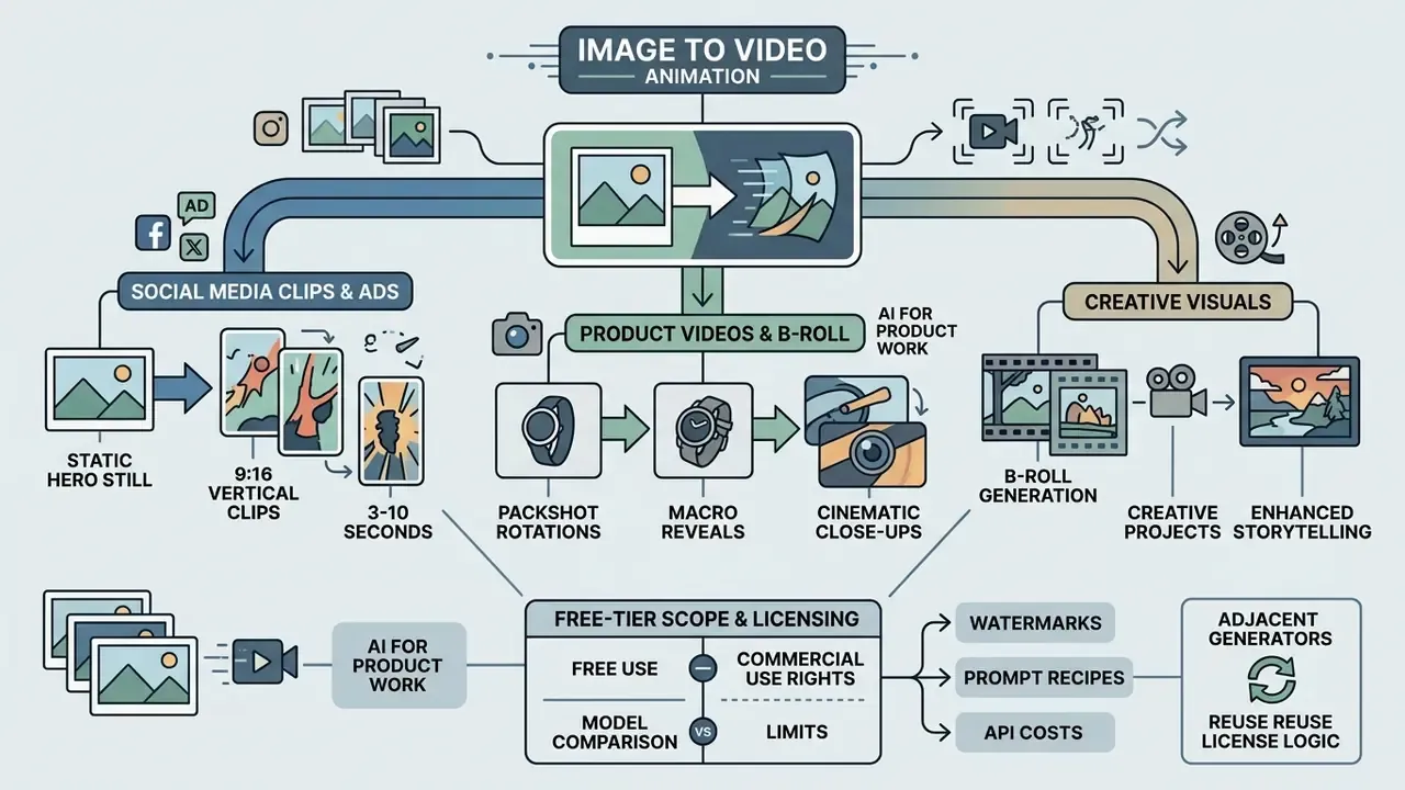 Diagram showing how static inputs branch into social media ads, product rotations, and creative video projects