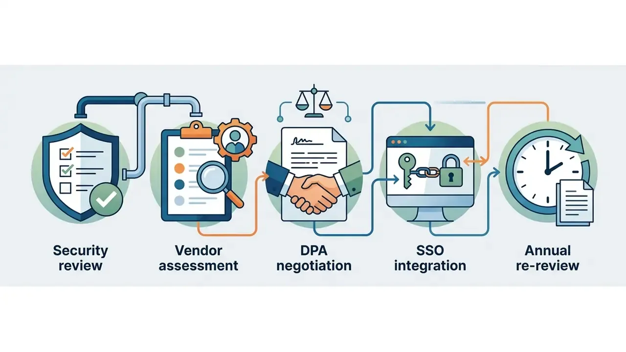 Sequence of business icons representing security review, vendor assessment, DPA negotiation, SSO, and review