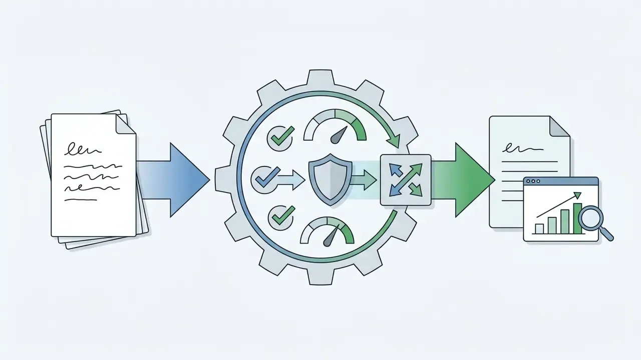 Drafts moving through a processing wheel with shield and gauge icons to emerge as optimized content