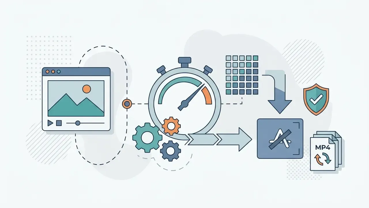 Stopwatch and gear icons connecting a video editor interface to a blocked watermark and MP4 export file