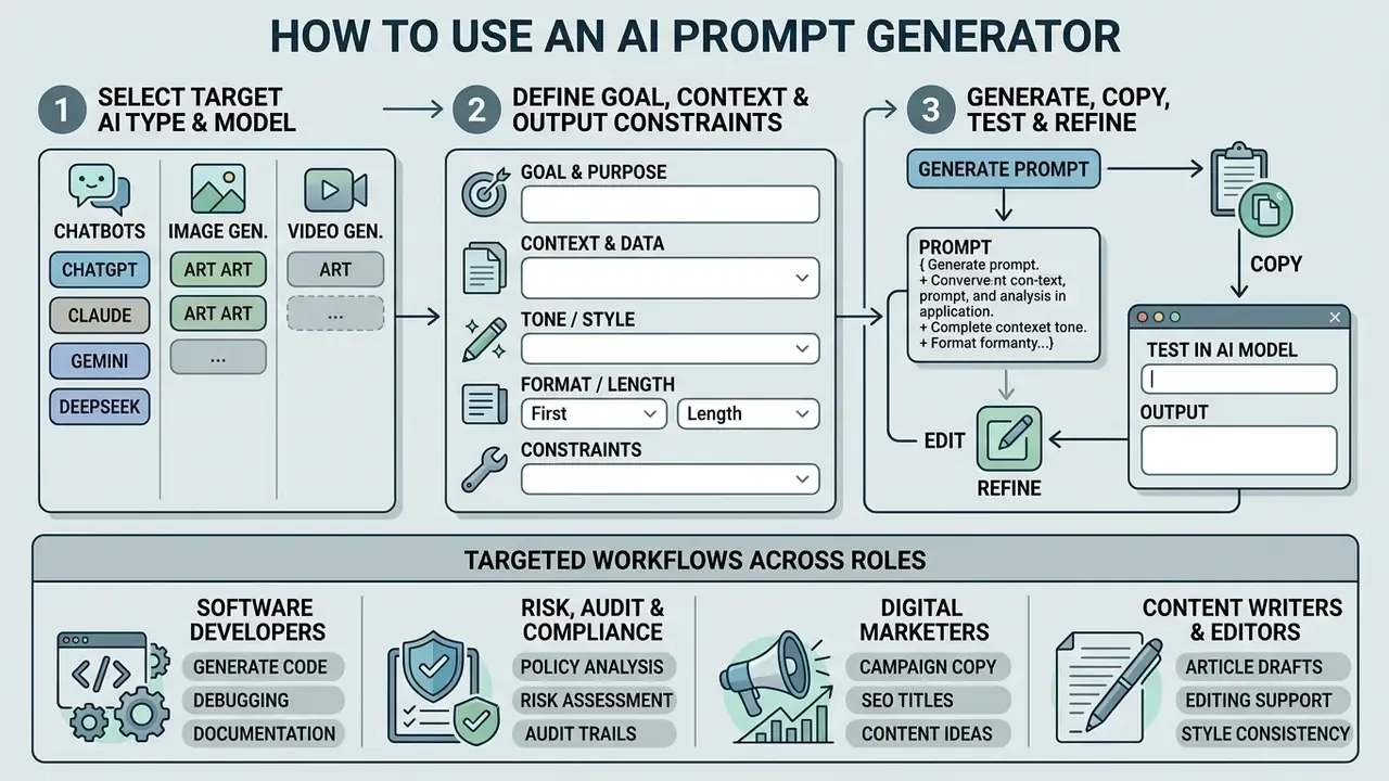 Three-step process diagram for using an AI prompt generator followed by specific professional workflows