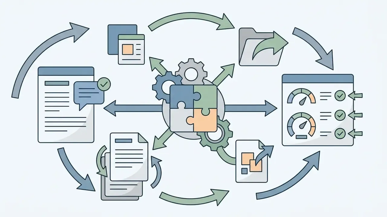 Central puzzle and gears connecting document icons, feedback loops, and performance tracking gauges