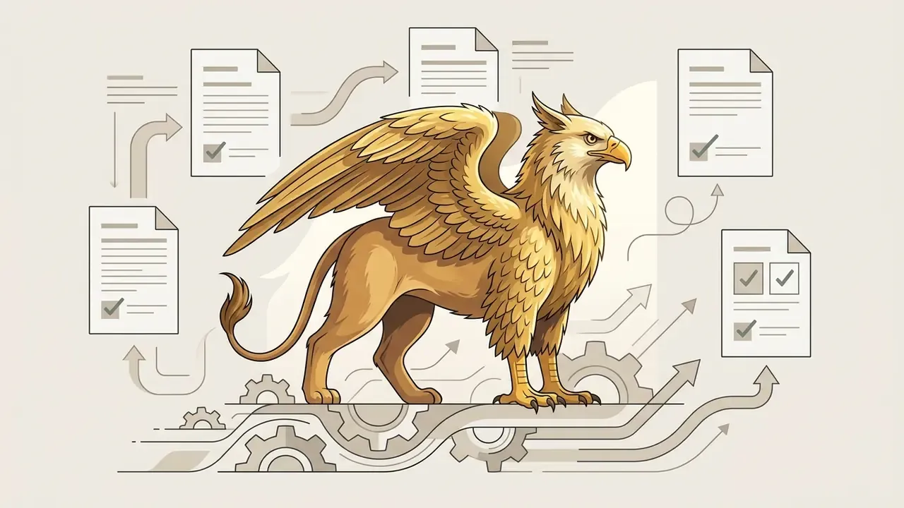 Golden griffin standing above mechanical gears and surrounded by document icons with checkmarks