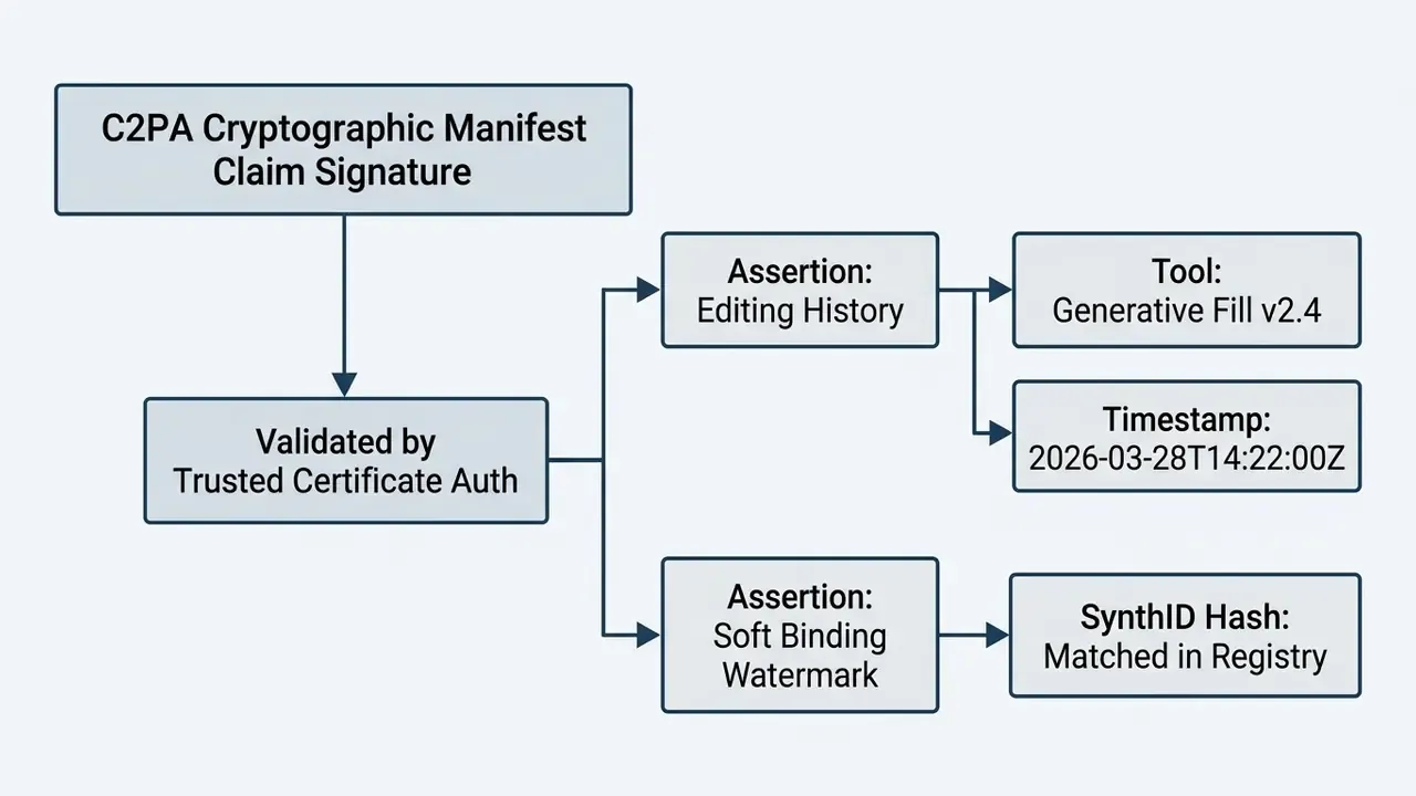 Structural diagram showing a C2PA cryptographic manifest linked to editing history and watermark data
