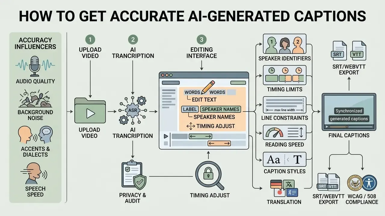 Diagram detailing factors that influence caption accuracy and the steps for refining AI-generated text