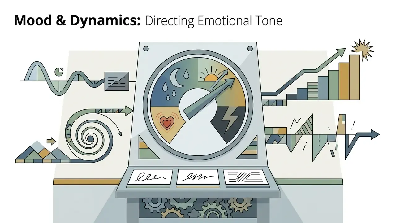 Control console with a mood dial and various waveform graphs representing emotional musical dynamics
