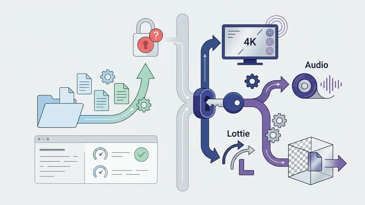 Files moving through a locked gate to access premium 4K, audio, and Lottie export features