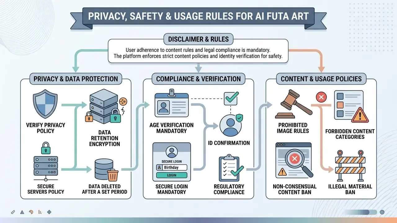 Infographic outlining data privacy, age verification, and content restriction policies for art generation