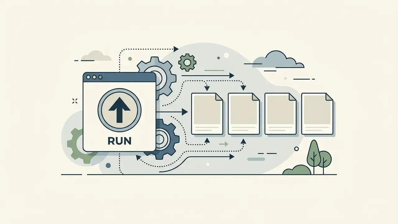 Run button in a software window triggering the creation of four empty document templates via gears