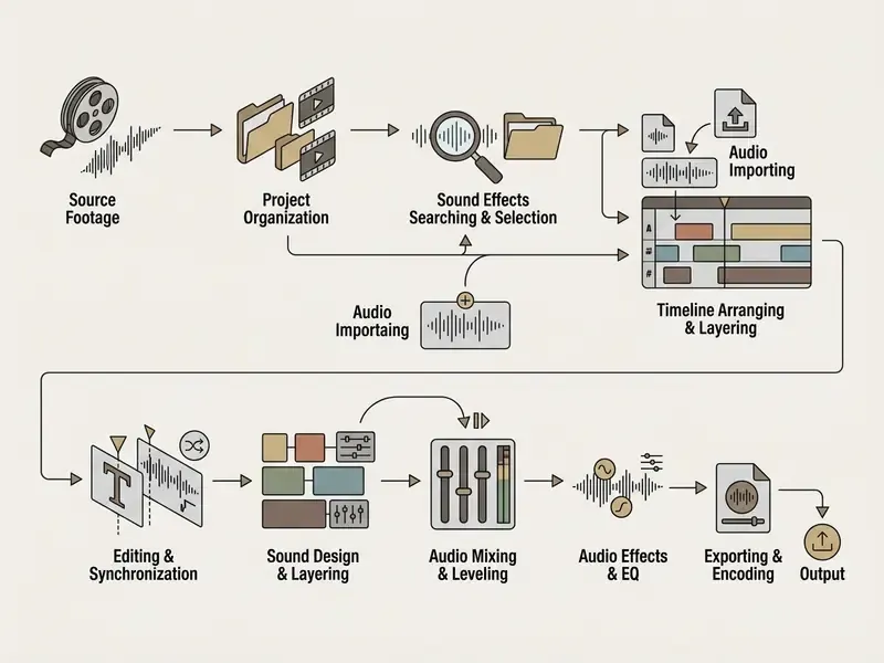 Step-by-step process from source footage organization to audio mixing, layering, and final project export