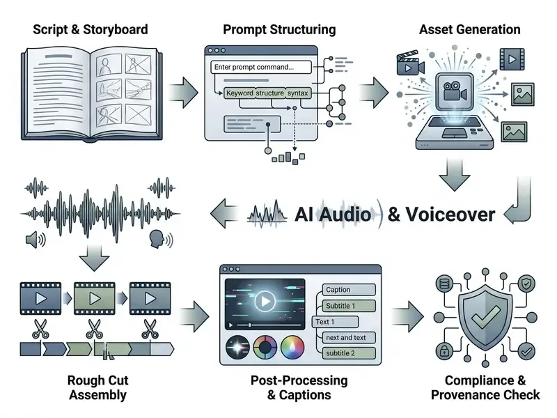 Seven stage workflow diagram showing the process from script development to final compliance checks