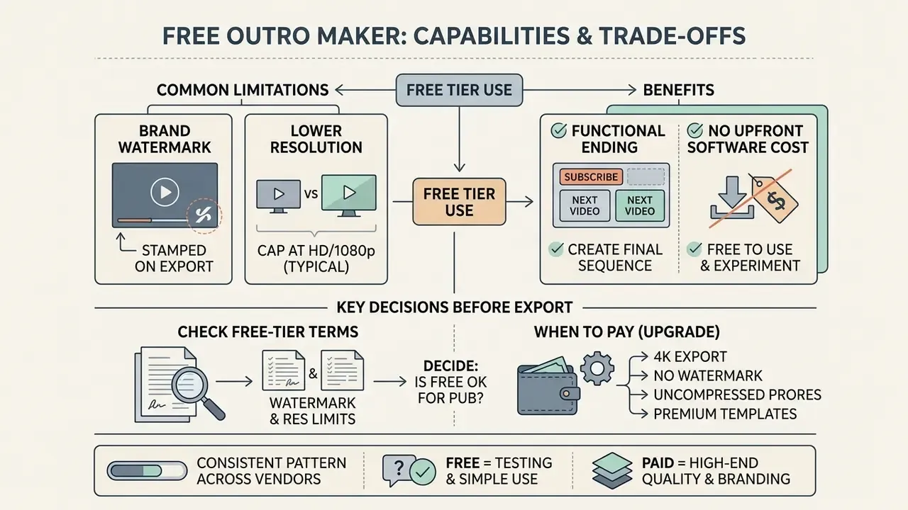 Diagram contrasting free versus paid software tiers including watermarks, resolution, and cost factors