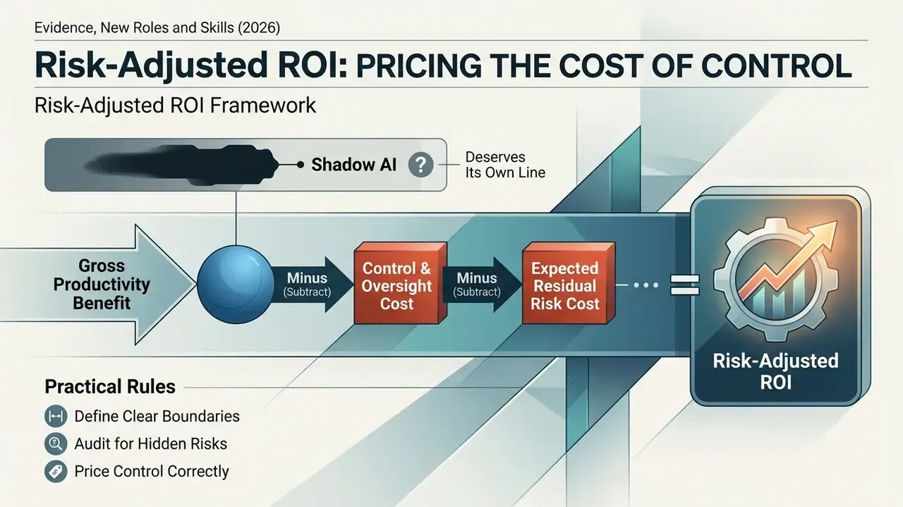 Diagram showing the calculation of risk-adjusted ROI by subtracting oversight and risk costs from benefits