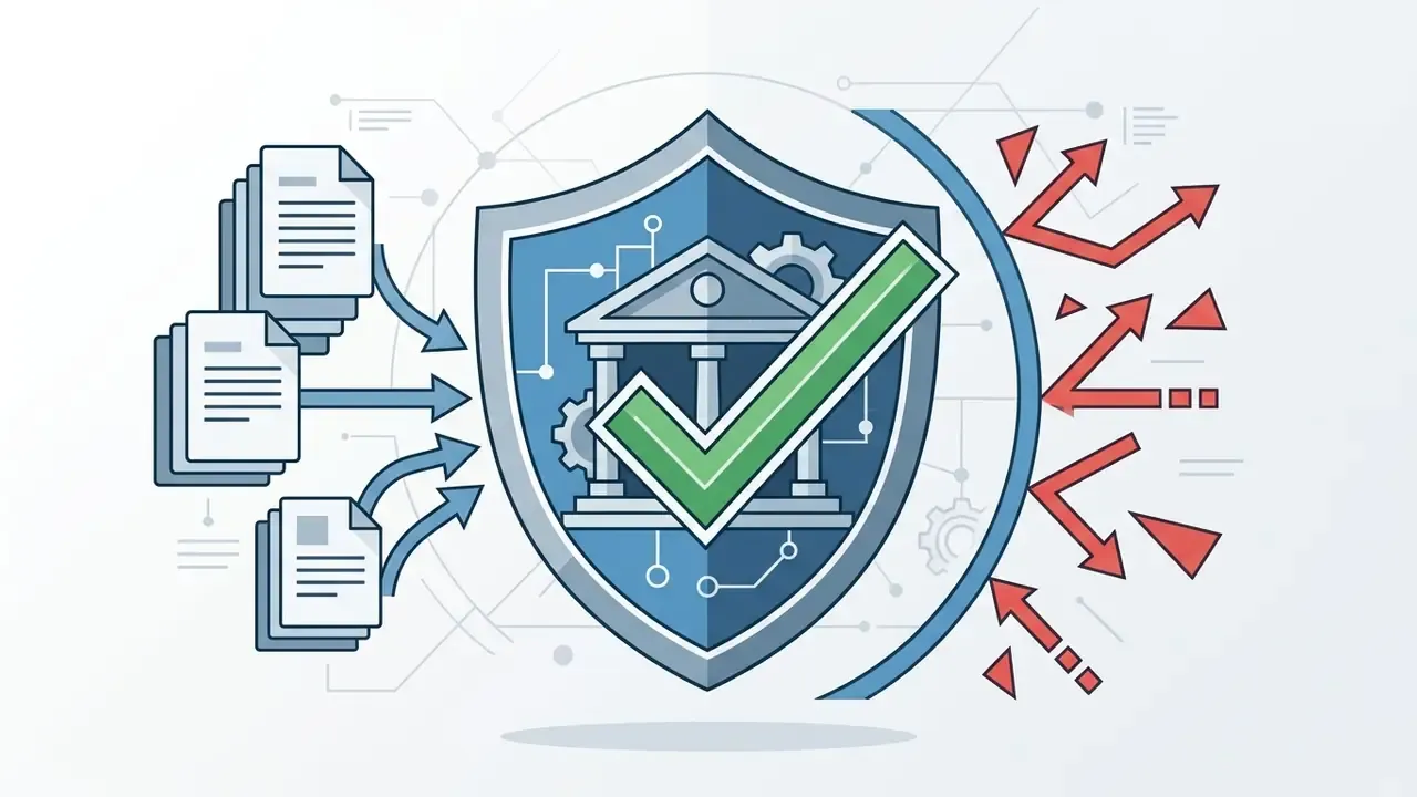 Documents flowing into a shield icon with a bank symbol and checkmark to deflect incoming red arrows