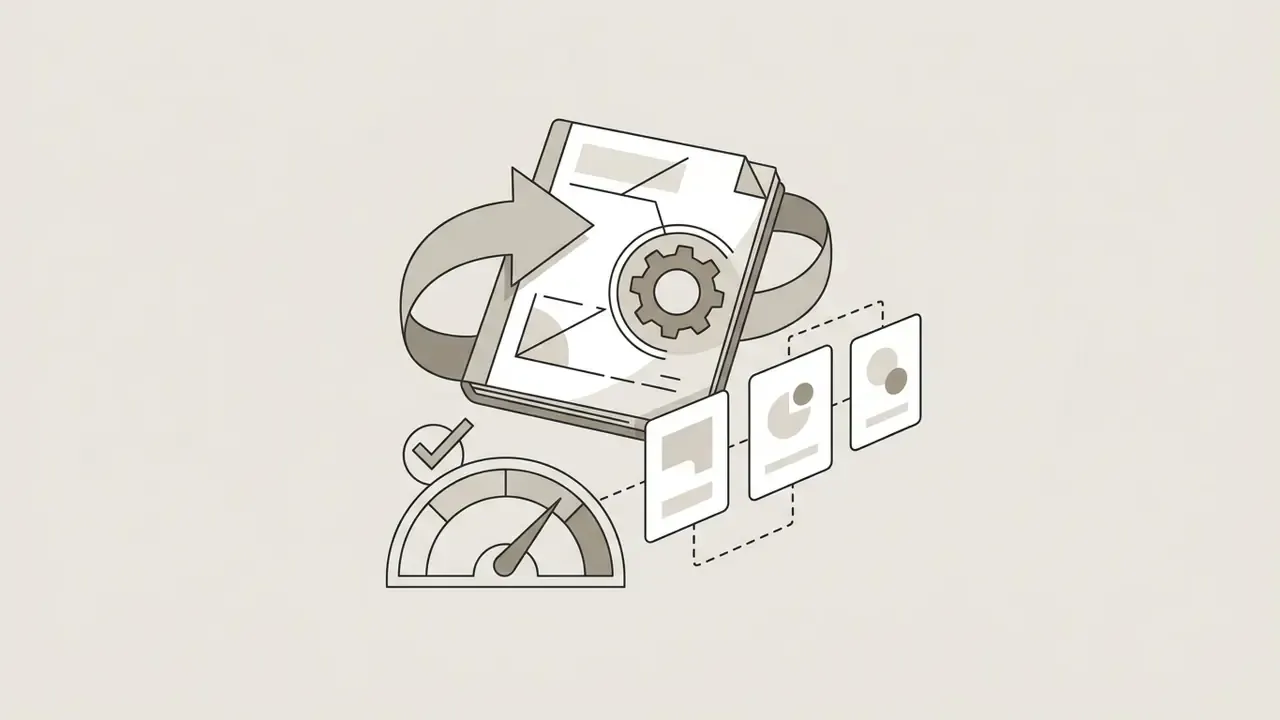 Document with a gear icon and circular arrow next to a speed gauge and a series of smaller report cards