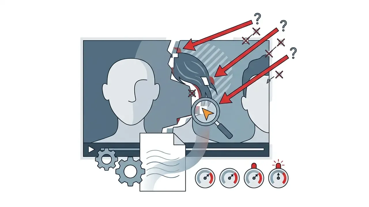 Magnifying glass inspecting face swap boundaries on a video frame with gears and status gauges