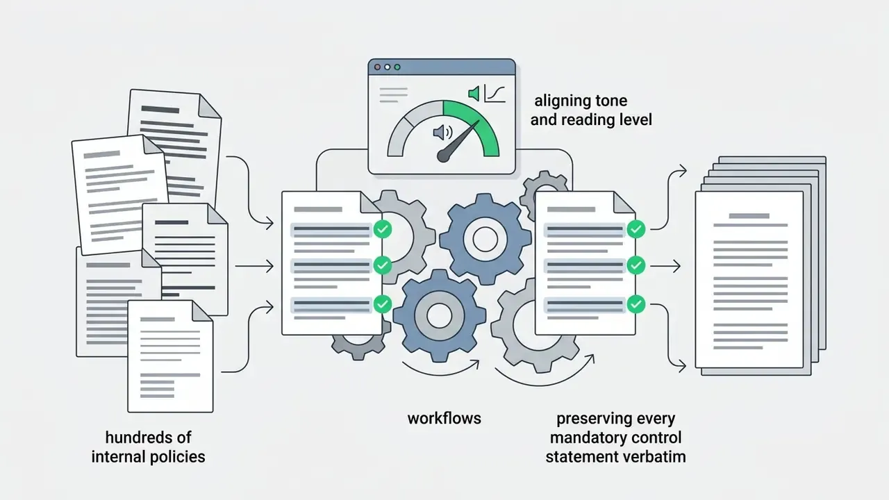 Multiple policy documents moving through a gear mechanism to align tone while keeping control statements