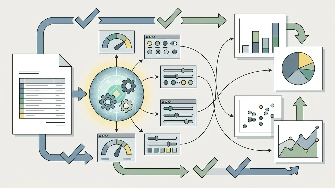 Data processing flow showing input tables mapped through central gears to various chart types and settings