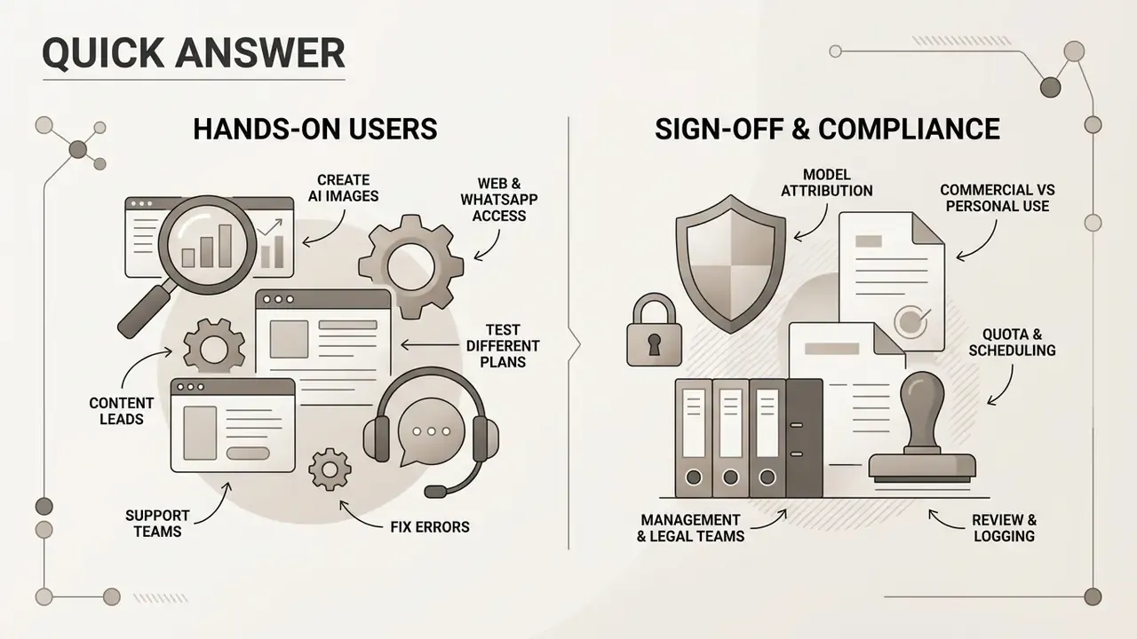 Infographic comparing hands-on user tasks like creating AI images with compliance and legal review needs