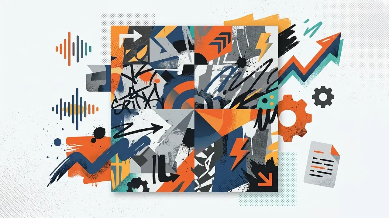 Collage of street art elements with graffiti tags and geometric shapes surrounded by audio and gear icons