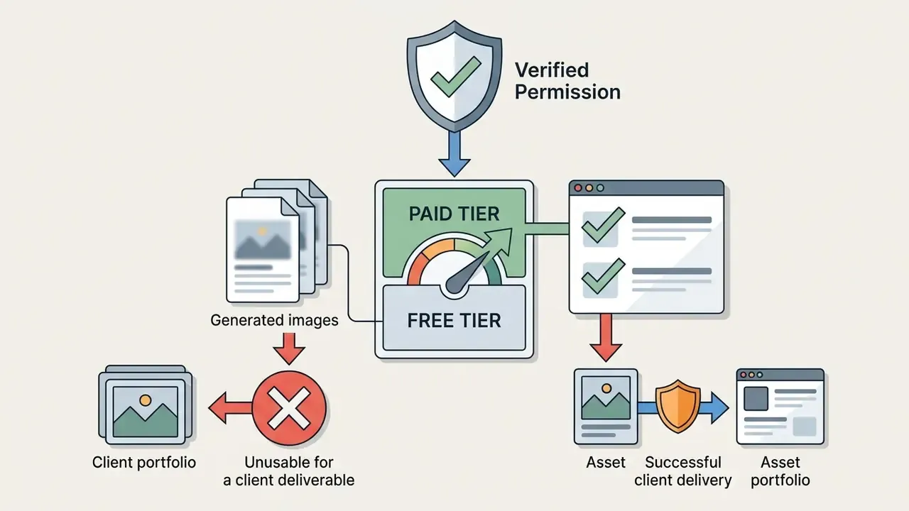 Comparison of free and paid plan tiers showing how subscription status affects commercial asset usage
