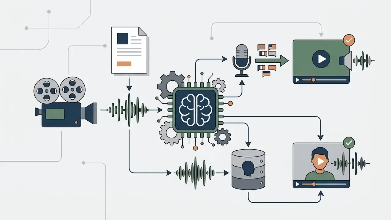 AI processor converting video audio into dubbed speech and personalized voice profiles for video editing