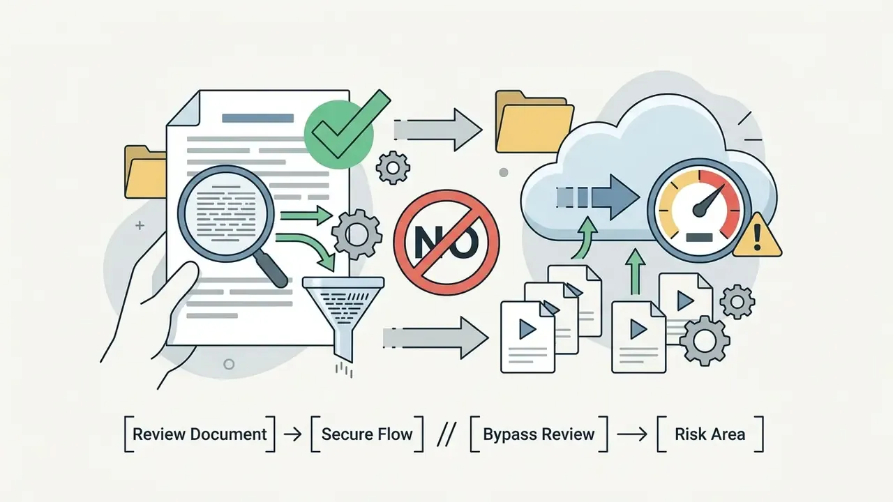 Comparison of document review processes showing secure workflows versus risky cloud data uploads